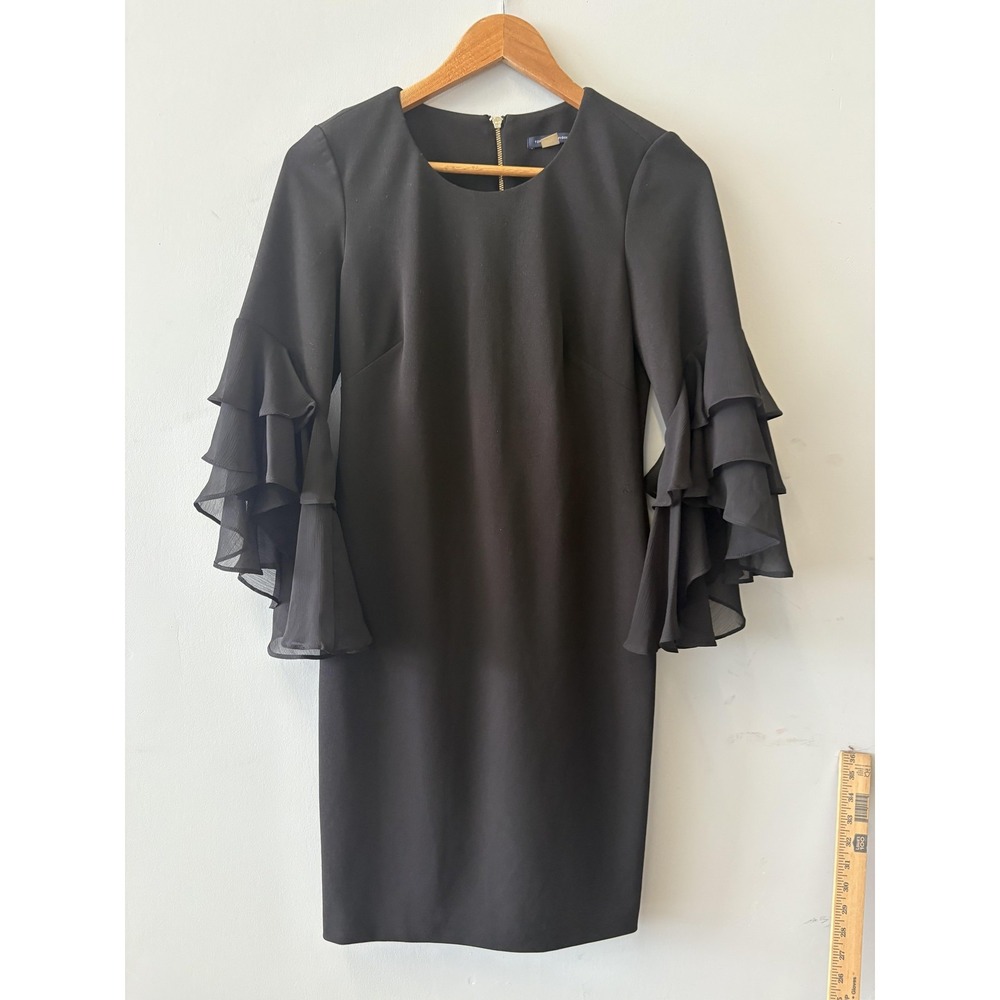 Tommy Hilfiger Dress Womens 2 Black Sheath Ruffle Bell Sleeve‎ Knee Length